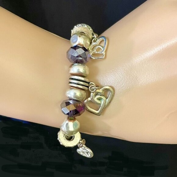 Heart Charm Beaded Bracelet With Faux Crystals Purple Fashion Accessory - Picture 2 of 5
